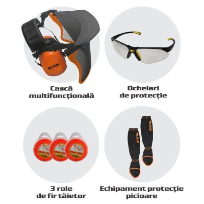 Kit motocoasa, casca multifunctionala, ochelari, 3 role de fir, set protectie picioare - 23345419